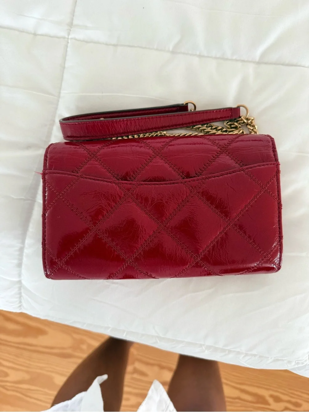 Tory Burch Red Quilted Patent Leather Chain Crossbody with Logo Medallion